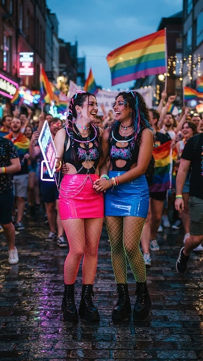 The Cyberpunk Neon — pride outfit inspiration featuring a lesbian couple in coordinated pride looks