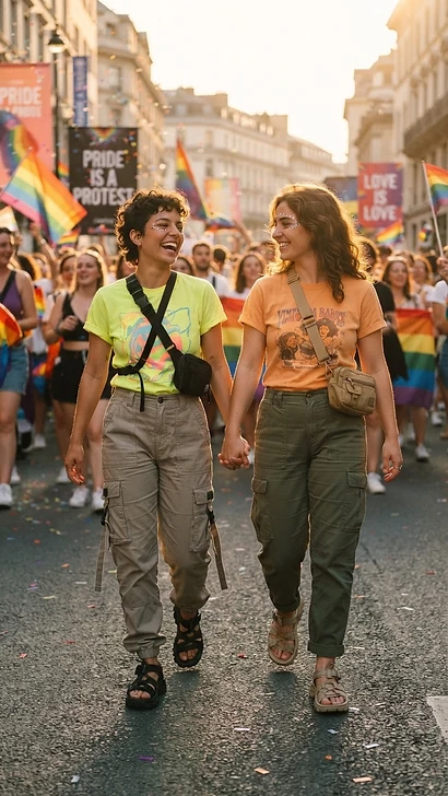 The Utility Chic Cargo Look — pride outfit inspiration featuring a lesbian couple in coordinated pride looks