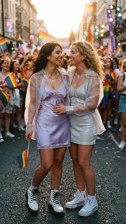 The Sheer and Shimmer Slip Dress — pride outfit inspiration featuring a lesbian couple in coordinated pride looks