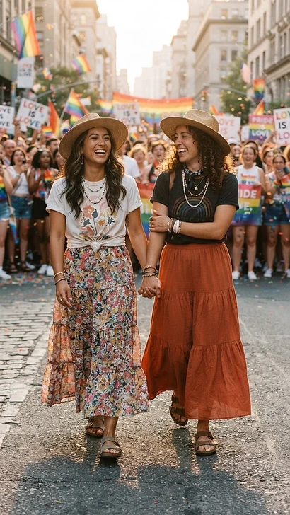 The Boho-Activist Maxi — pride outfit inspiration featuring a lesbian couple in coordinated pride looks