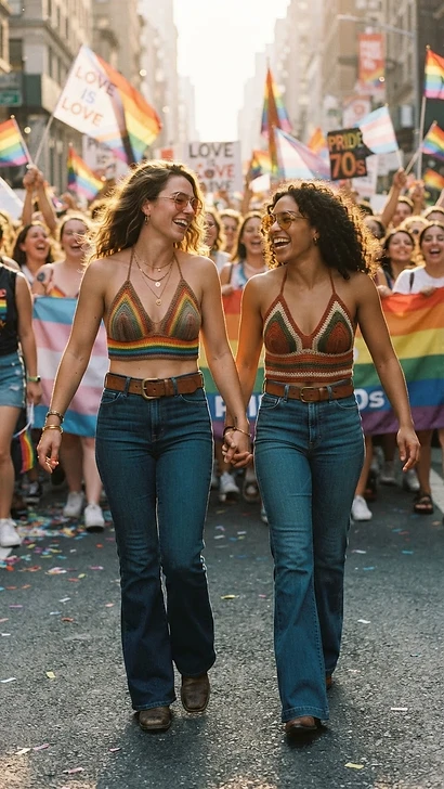 The Retro Seventies Riot — pride outfit inspiration featuring a lesbian couple in coordinated pride looks