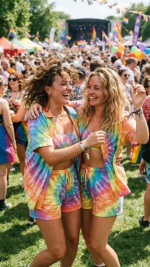 Two women in tie-dye pride matching co-ord set at park festival