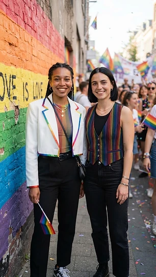 Two women in boxy crop blazer with rainbow trim at Pride street style