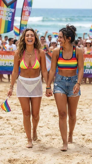 Two women in neon pride bikini and sheer cover-up at beach Pride