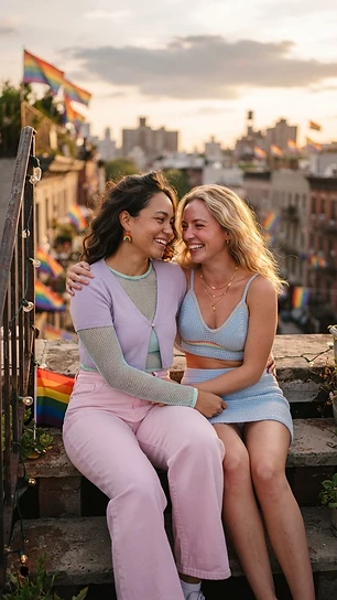Two women in pastel pride co-ord with mesh layering at golden hour
