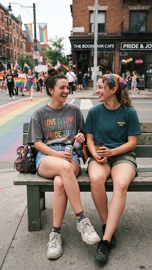Two women in oversized graphic tee and denim shorts at Pride