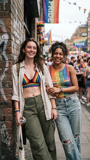 Two women in cargo pants with rainbow crochet bralette at Pride