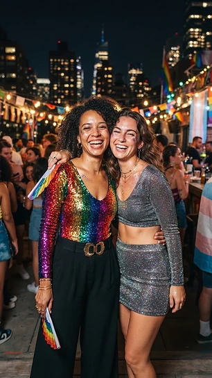 Two women in glitter bodysuit and high-waist trousers at Pride rooftop party
