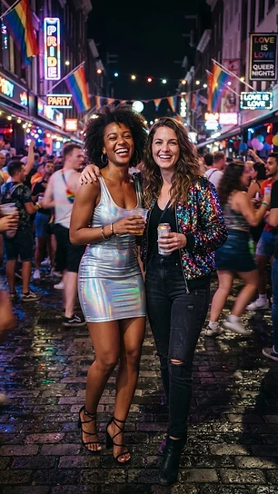 Two women in holographic bodycon dress at nighttime Pride party