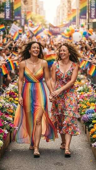 Two women in flowy rainbow maxi dress at Pride parade
