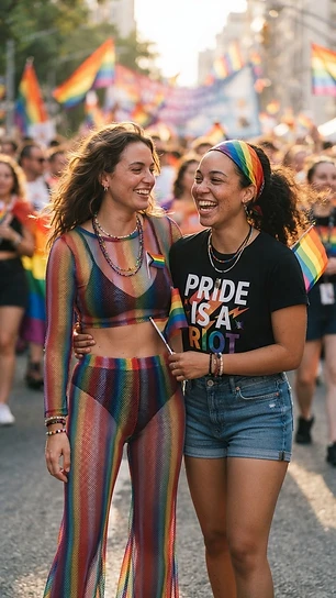 Two women in rainbow mesh co-ord set at Pride festival