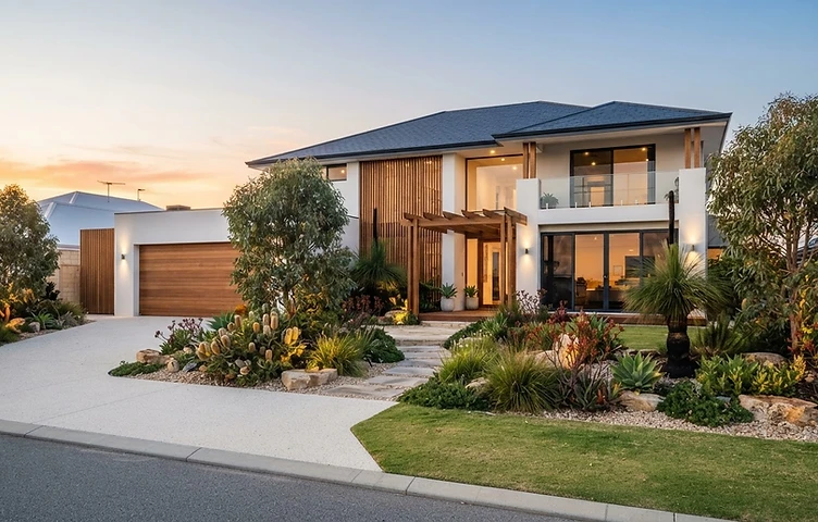 Modern Australian home exterior at sunset