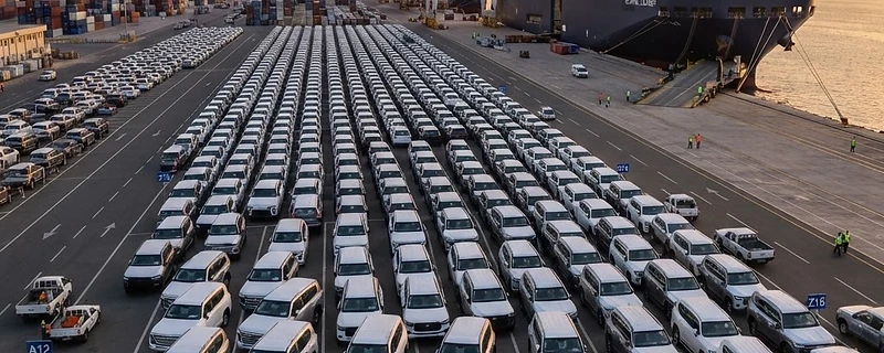 New vehicles staged for export at a Middle East port