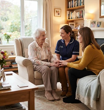Family speaking with a hospice professional in a peaceful home