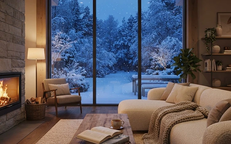 Interior cozy cu fereastră eficientă iarna