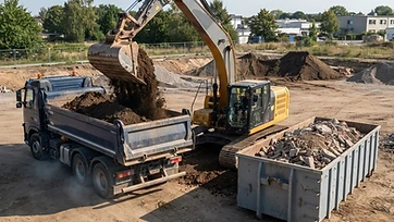 Excavator loading soil and rubble into separate trucks