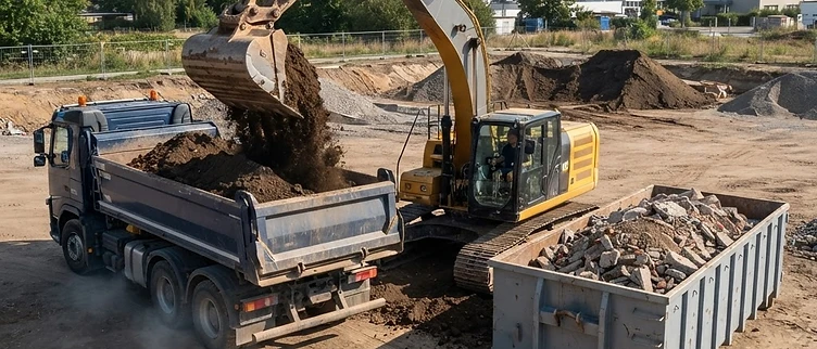 Graafmachine die aarde en puin in aparte vrachtwagens laadt