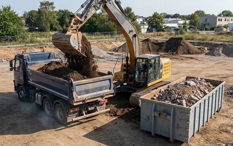Graafmachine die schone aarde in een vrachtwagen laadt en puin in een aparte container