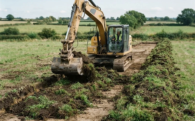 Excavator stripping the topsoil and stockpiling it aside for reuse