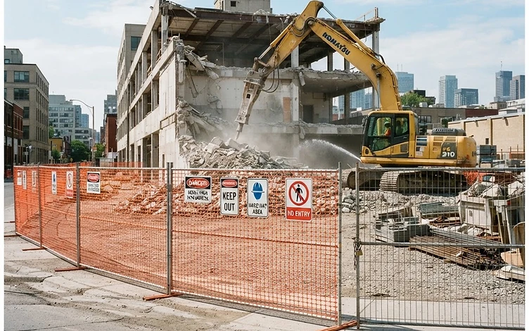 Demolition site perimeter fenced and signposted