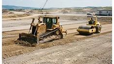 Buldócer y rodillo preparando y compactando un terreno