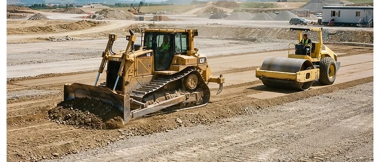 Bulldozer and roller preparing and compacting a construction ground