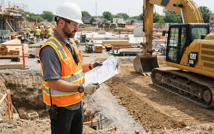 Organised construction site with fenced zone and workers in PPE