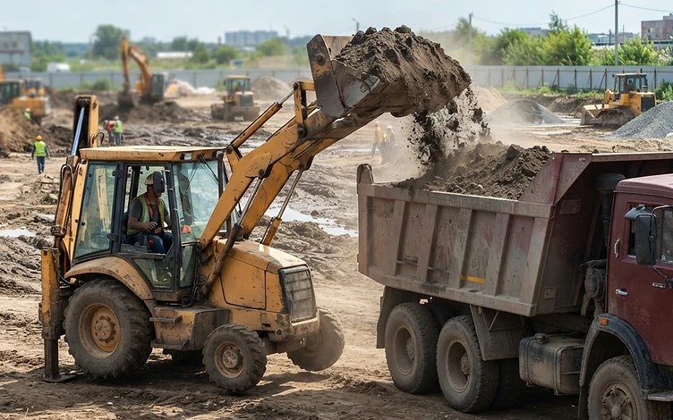 Backhoe loader loading soil into a dump truck with its front bucket