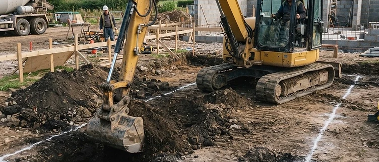 Excavadora abriendo la zanja de cimentación con replanteo visible