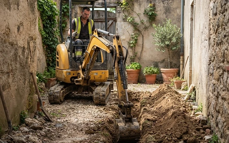 Mini excavator digging a narrow utility trench in a small courtyard