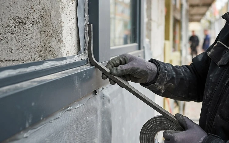 Aplicare bandă precomprimată la rostul ferestrei aluminiu