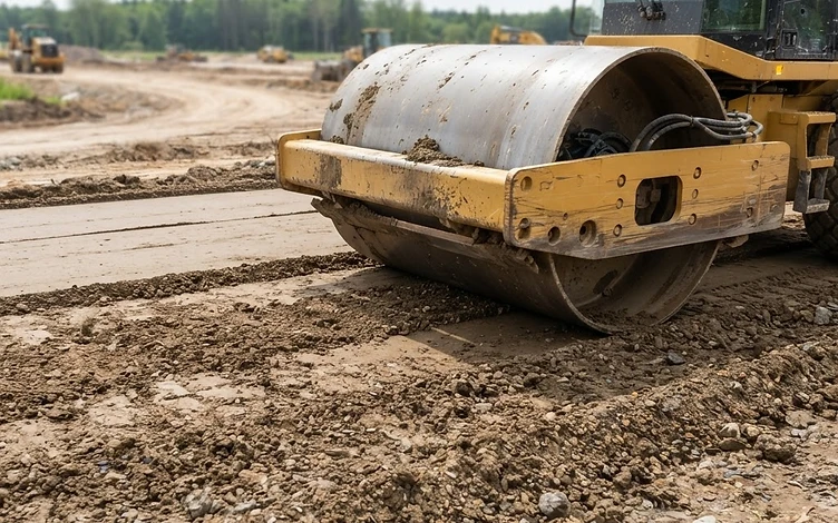 Smooth drum roller compacting layers of soil
