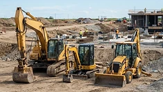 Excavator, mini excavator and backhoe loader on a construction site