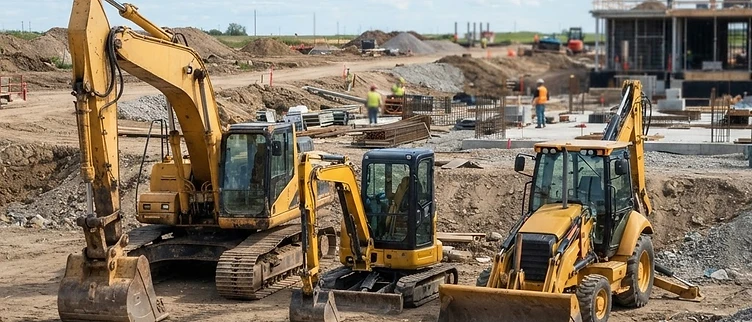 Excavator, mini excavator and backhoe loader on a construction site