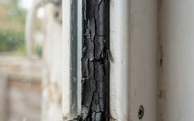 Garnitură degradată pe o fereastră PVC albă