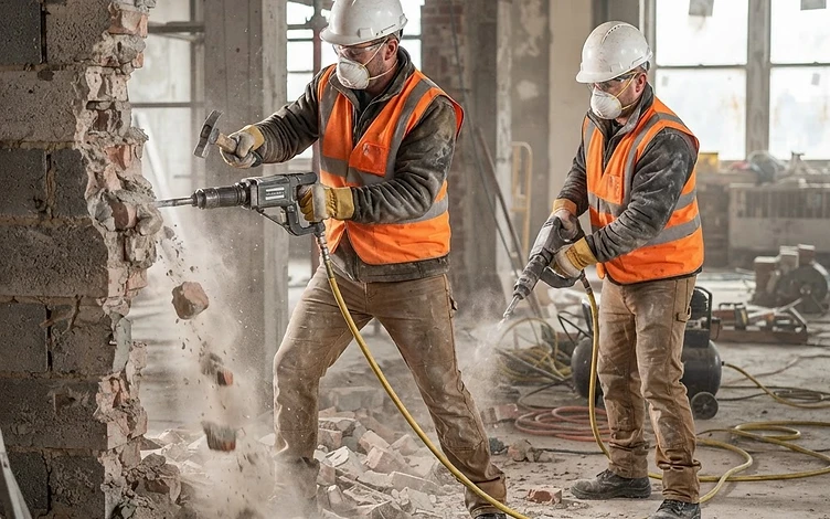 Deux ouvriers démolissant un mur intérieur à la main avec équipement