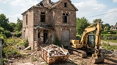 Old house ready for demolition with excavator and debris container