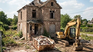 Maison ancienne prête à démolir avec pelleteuse et benne