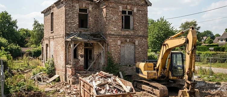 Maison ancienne prête à démolir avec pelleteuse et benne