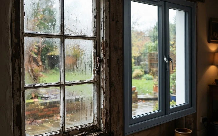 Homeowner inspecting a window for signs of damage and drafts