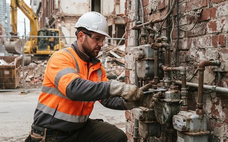 Worker in PPE disconnecting utility meters before demolition