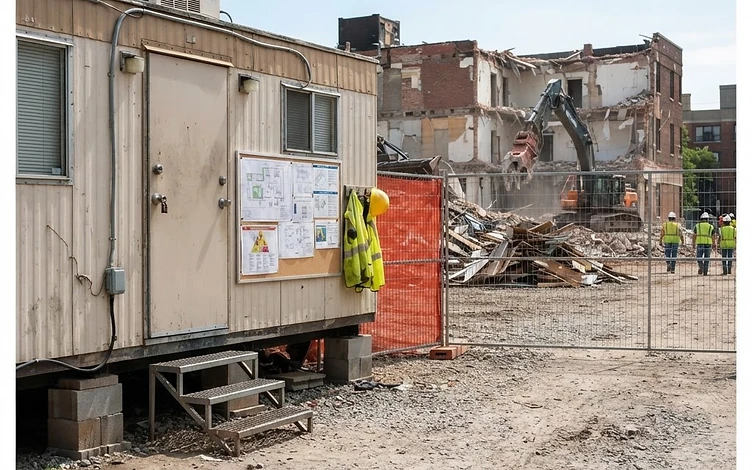 Site trailer with safety plans and a fenced demolition zone