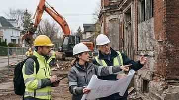 Equipo técnico evaluando una construcción antes de demoler