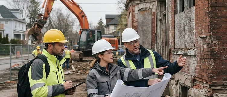 Technical team assessing a building before demolition