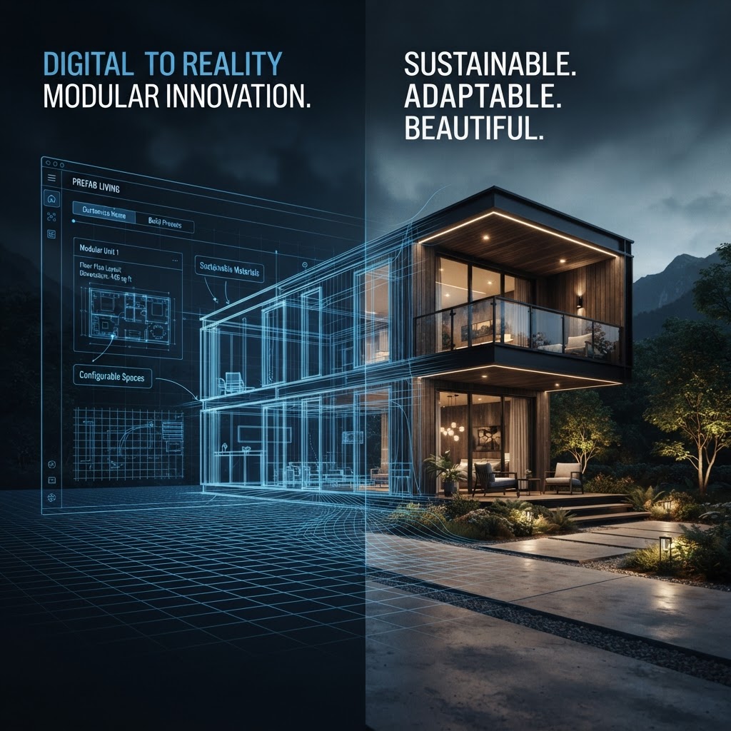 Website wireframe morphing into a modern prefab home, prefab website design concept
