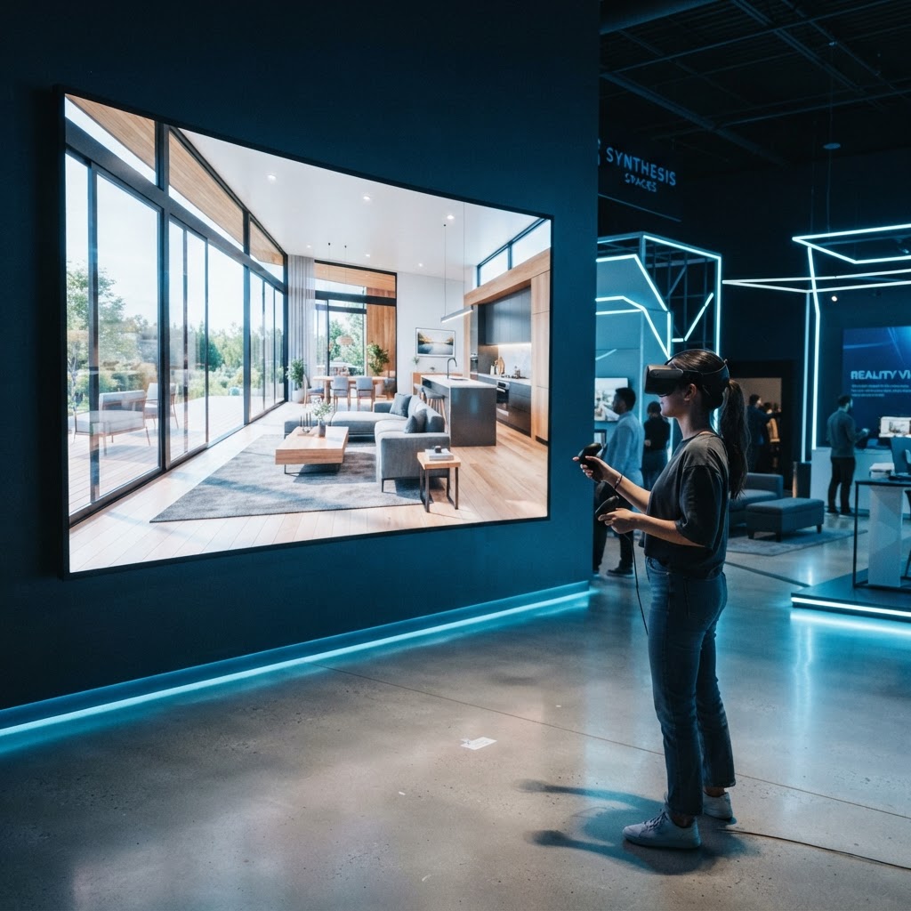 Person viewing a photoreal home render on a large screen, prefab virtual tour