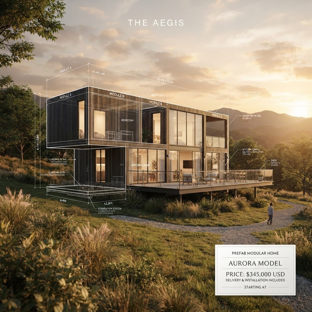 Modern prefab home with a blueprint and price tag overlay, prefab home pricing strategy