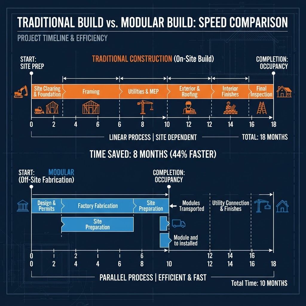 Timeline comparing traditional vs modular build speed for prefab advertising