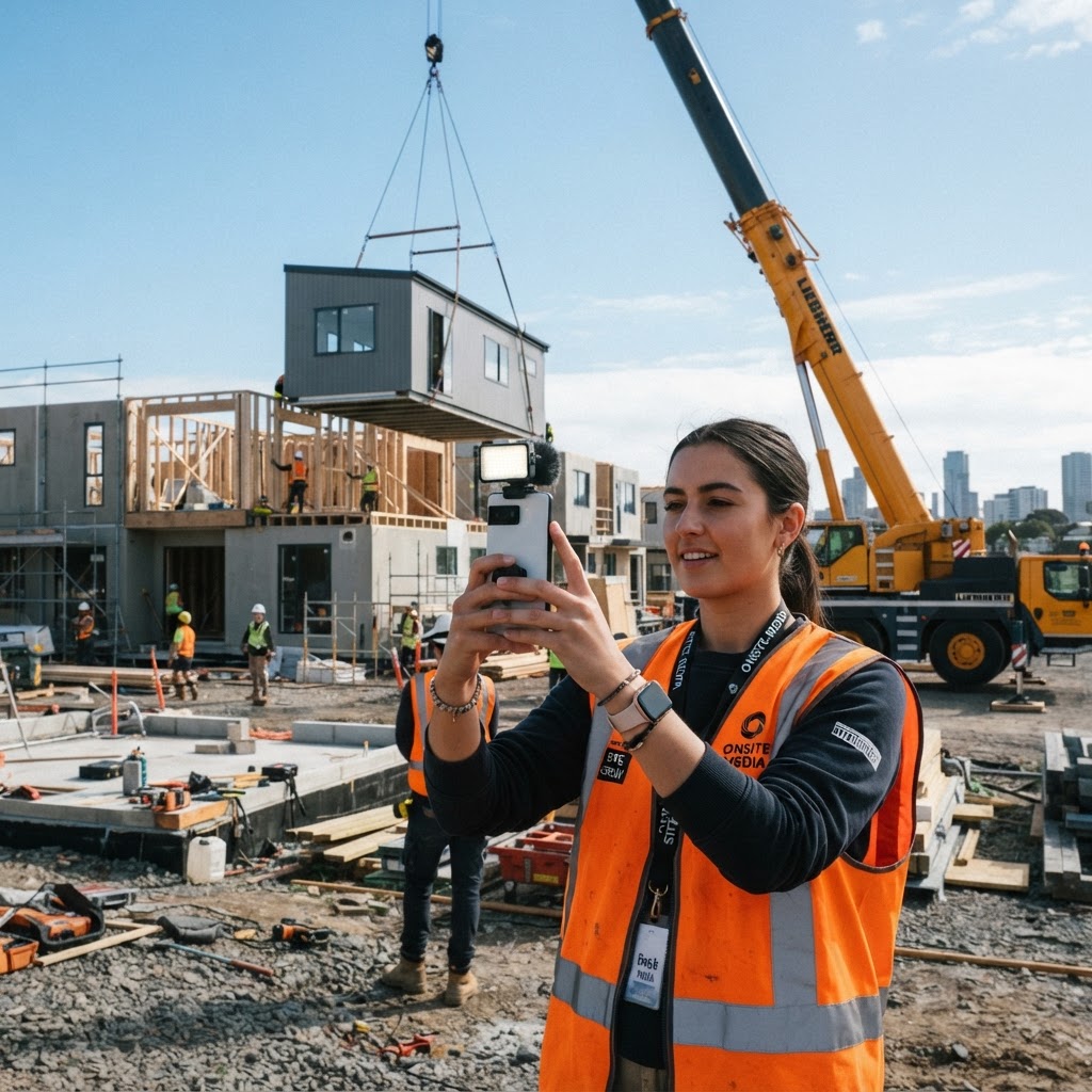 Crane day install filmed on a phone for prefab social media marketing