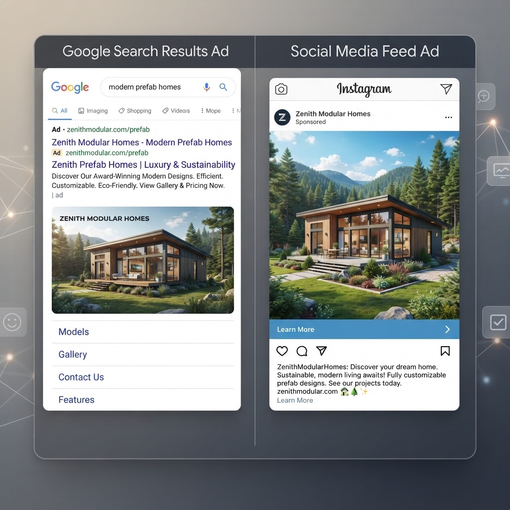 Split-screen of a search ad and a social feed ad for the same prefab home